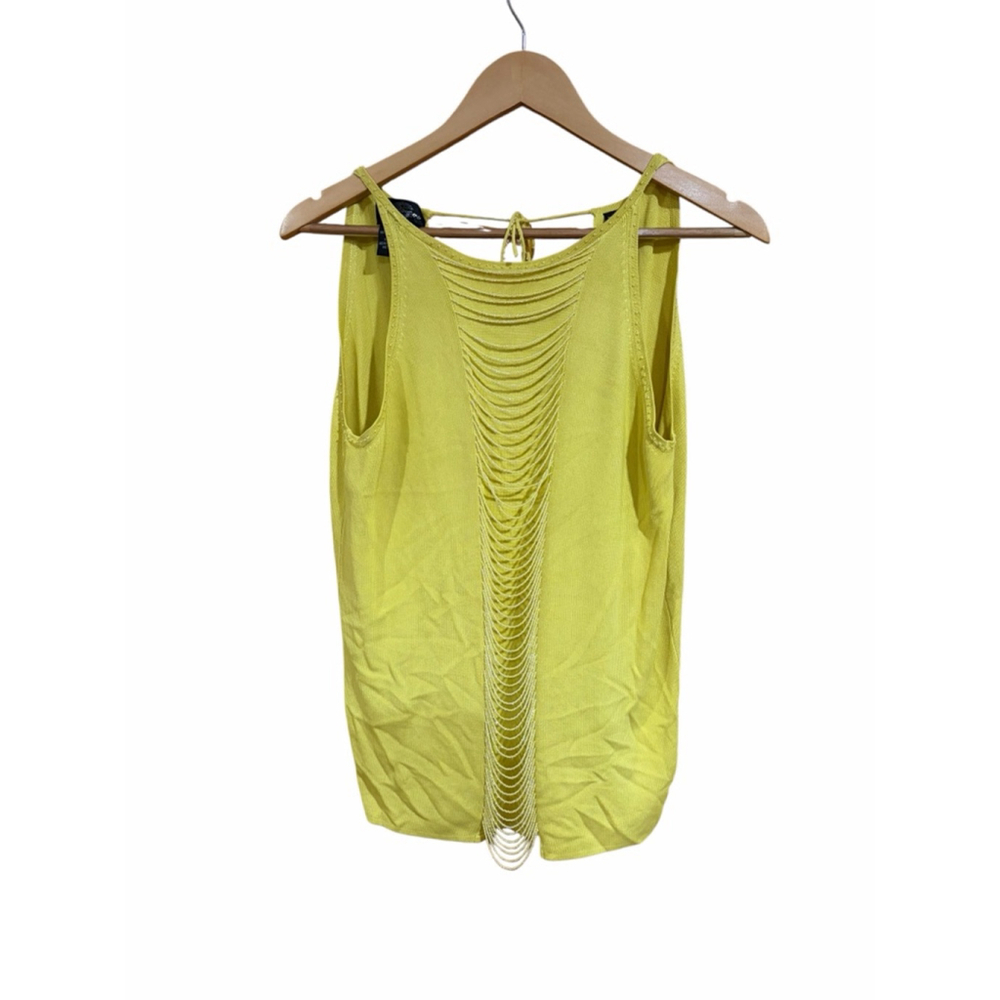 Ziani Couture Yellow Beaded Tank Top Y2K Boho Festival Sheer Knit Sleeveless L